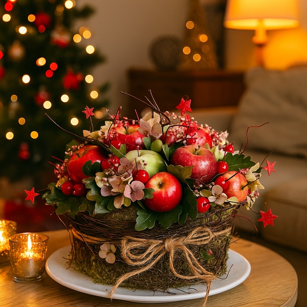 Image of Natural Christmas Arrangement with Red Apples & Berries